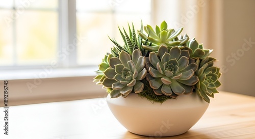 A serene arrangement of succulents in a white bowl on a wooden table near a window