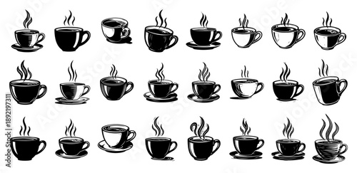 Set of hand drawn sketch style coffee cups with steam and aroma