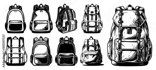 Collection of hand drawn hiking backpacks and vintage travel rucksacks
