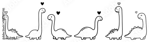 Cute cartoon dinosaurs with hearts in simple line art style