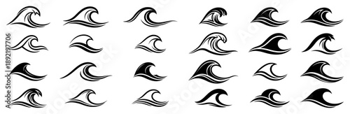 set of black ocean wave silhouettes and water splash icons