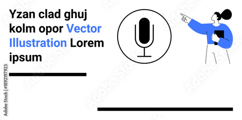 Digital communication, podcasting, media production, modern design, public speaking, creativity. A microphone icon and a woman holding a notebook while pointing. Digital communication and podcasting