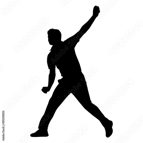 Silhouette of a male cricket bowler in action showcasing athletic movement and sport dynamics against a white background.