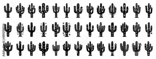 collection of decorative cactus silhouettes with tribal patterns in black