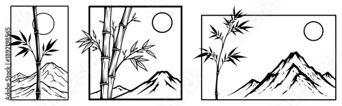 Minimalist Japanese landscape with bamboo and mountains