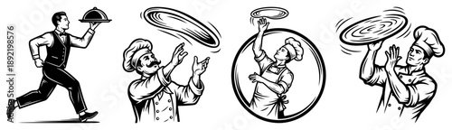 Vintage restaurant staff illustrations with waiter and pizza chefs