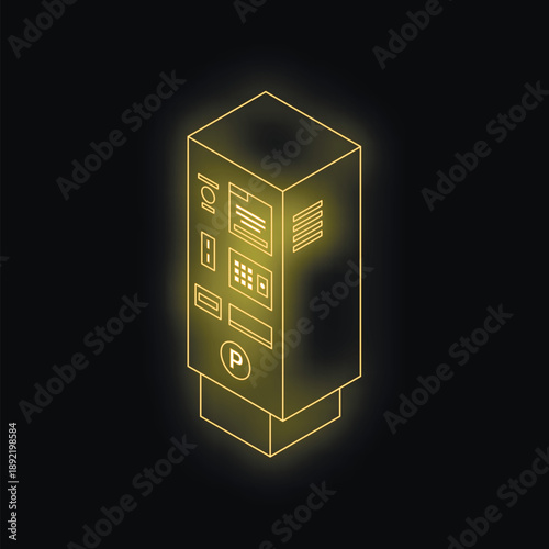 Parking meter machine with golden neon light effect representing smart parking solution and cashless payment