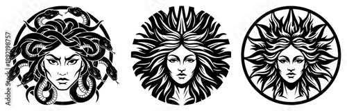 set of circular medusa and sun goddess portraits in vintage woodcut style