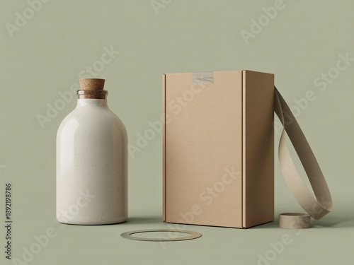 Wallpaper Mural Ceramic Bottle with Cork and Cardboard Box on Green Background stopper container Torontodigital.ca