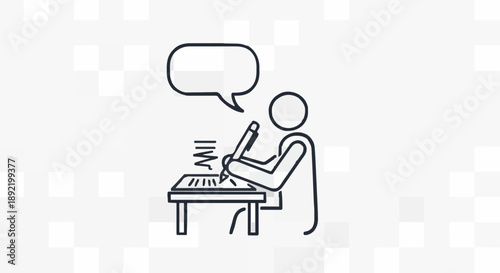 Person writing at a desk with a speech bubble above.