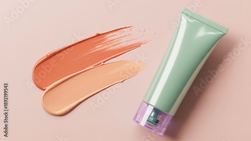 Wallpaper Mural Mint Green Cosmetic Tube with Orange and Beige Foundation Swatches makeup concealer Torontodigital.ca
