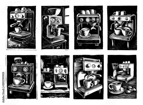Vintage linocut style espresso coffee machine illustrations set