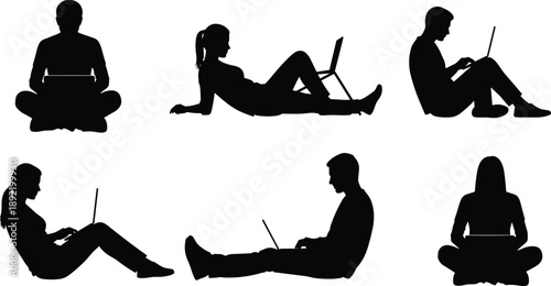 Collection, of, black, silhouettes, featuring, men, and, women, using, laptops, while, sitting, and, lying, for, remote, work, study, and, leisure.