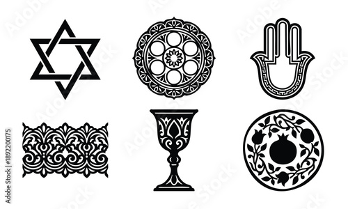 Jewish cultural symbols and ornaments set bundle passover silhouette