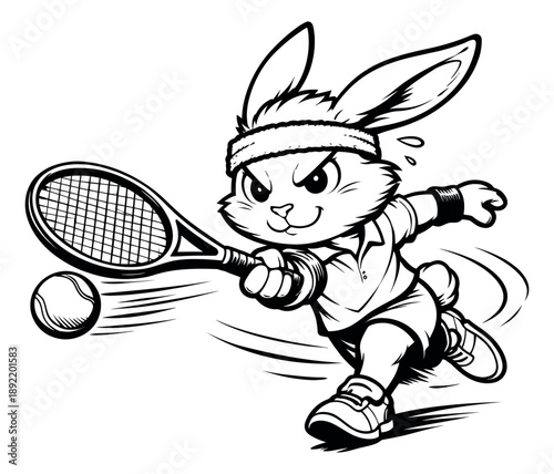 Line art illustration of a rabbit depicting a tennis player in action for sports activities