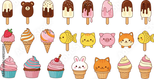 Set of Cute Kawaii Style Ice Cream Popsicles Cupcakes and Cones Featuring Adorable Animal Faces Like Bears Cats Rabbits and Pigs for Summer Dessert Menus (25 words)