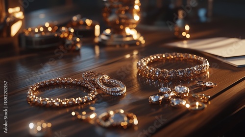 Luxury jewelry display on elegant table with sparkling precious gems and intricate design
