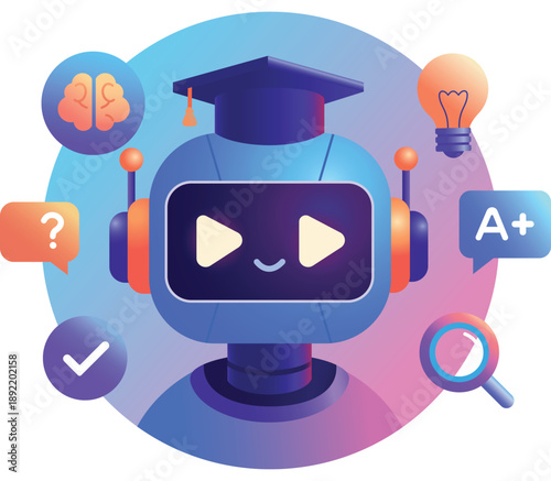 AI Tutor Robot Illustration with Graduation Cap and Educational Icons for EdTech and Digital Learning Concepts.