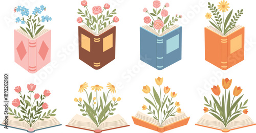 Set of Flat Vector Illustrations Featuring Open Books and Journals with Blooming Flowers Roses Tulips and Daisies Growing from Pages for Education and Reading Concept (25 words)