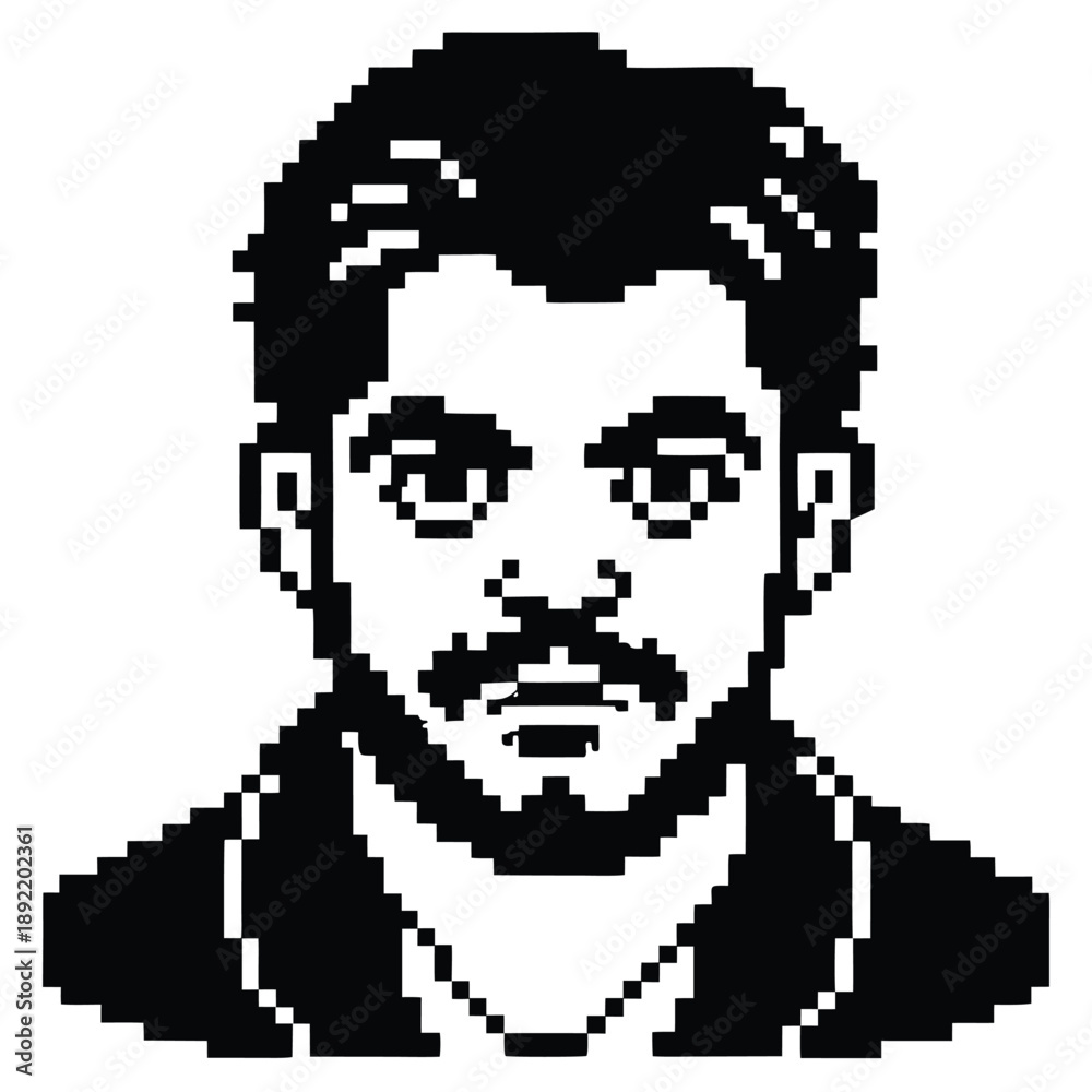 Fototapeta premium Pixel Art 1-Bit Bearded Young Man Face Portrait Avatar