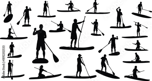 Collection, of, black, silhouettes, featuring, people, on, stand, up, paddle, boards, in, various, action, poses, for, summer, water, sports, design.