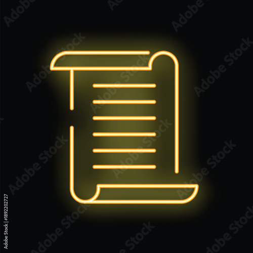 Neon ancient scroll glowing with yellow light on a black background, perfect for history and ancient times concepts