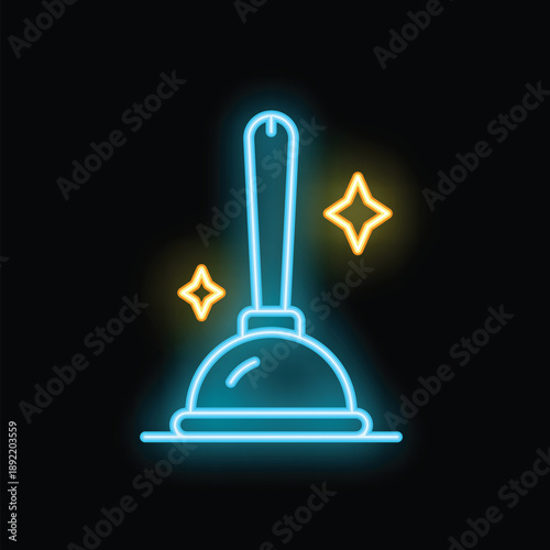Blue and yellow neon plunger shining on black background