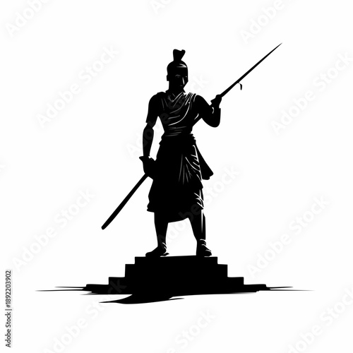 Silhouette of Warrior Standing with Spear.