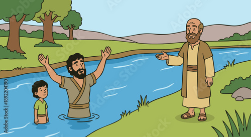 Elisha and Naaman
Cartoon style flat vector illustration of Elisha and Naaman, showing Naaman standing or washing in a river while Elisha gestures calmly nearby, simple riverbank and landscape. Bible