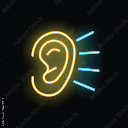 Neon sign of an ear listening with sound waves vibrating towards it in blue and yellow