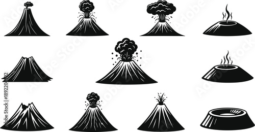 Black silhouette volcano icons set showing erupting, dormant and active volcanoes, lava flow, crater shapes isolated on white background illustration for geology education design
