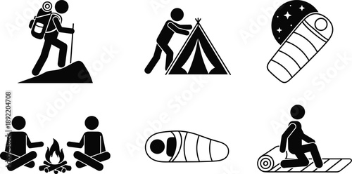 Camping and hiking icons set showing backpacker, tent setup, campfire, sleeping bag, outdoor adventure symbols isolated on white background illustration vector design