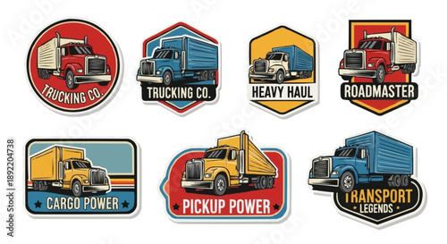 Set of vintage road transport emblems and classic trucking company badges, featuring powerful semi-trucks, cargo haulers, and pickup vehicles with iconic designs