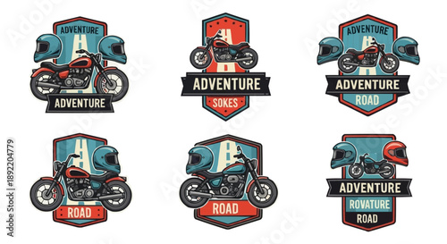 Illustrative collection of classic motorcycle badges, celebrating the spirit of road trips and two-wheeled adventures with vintage-inspired emblems and biker gear