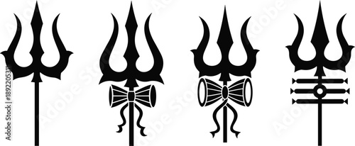 Black Silhouette Set of Hindu Trishula Trident Icons with Damru Drum and Tripundra Symbols for Lord Shiva Religious Graphic Design Isolated on White Background