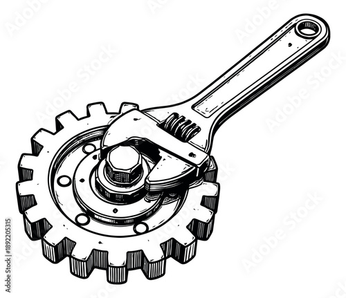 Hand drawn line art illustration of a wrench and gear assembly depicting mechanical adjustment for engineering and repair concepts