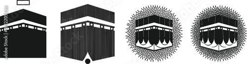 Kaaba silhouette icon set showing Islamic holy shrine in Mecca, black and white religious symbols for Hajj, Umrah, Muslim worship illustration design