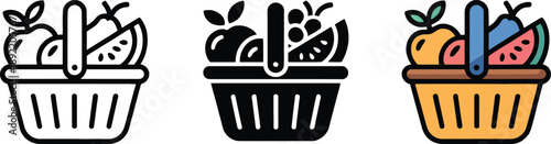 Shopping basket with apple and watermelon slices fruit black and white