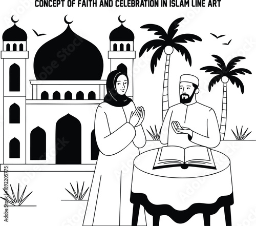 A Muslim couple stands before a mosque and palm trees with a sacred book