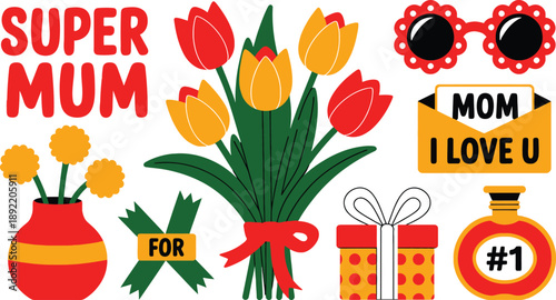 Super Mum Mother's Day colorful with flowers gifts and text tulips bouquet