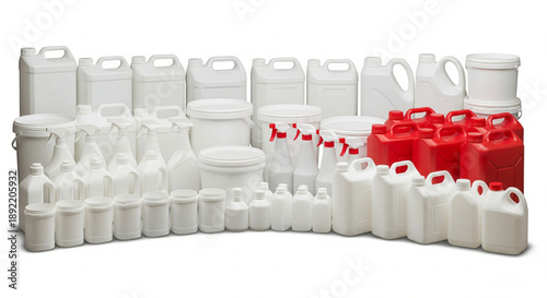 Collection of various plastic containers, bottles, and canisters for storage and transport.