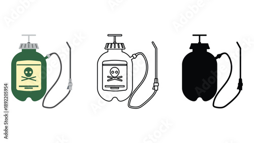 A set of three canteens with warning labels and different color schemes