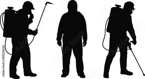 Professional silhouettes of pest control workers and disinfection specialists wearing protective gear while using spraying equipment for sanitation and safety.