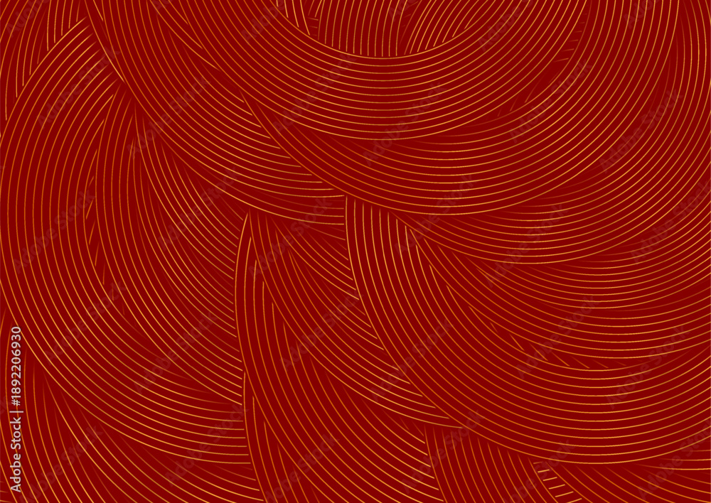 Naklejka premium Red geometric abstract background with golden linear circles. Retro art deco vector design