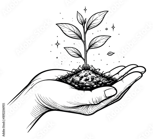 Hand drawn line art illustration of a hand holding a plant in soil depicting growth and sustainability for environmental concepts