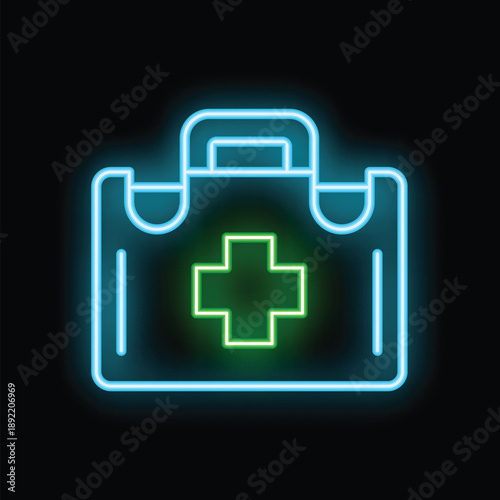 Neon medical case glowing, healthcare and medical assistance concept