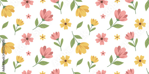 Cute spring floral seamless pattern with yellow and pink flowers. Vector nature background