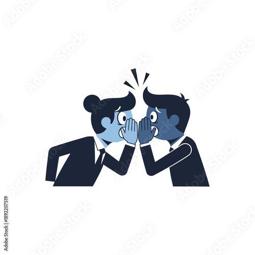 Two cartoon business people in suits whispering a secret to each other, one looking surprised and shocked.