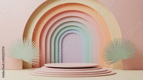 Wallpaper Mural Pastel Rainbow Archway Stage with Fan Leaves and Podium Keywords: pastel, rainbow, arch, stage Torontodigital.ca