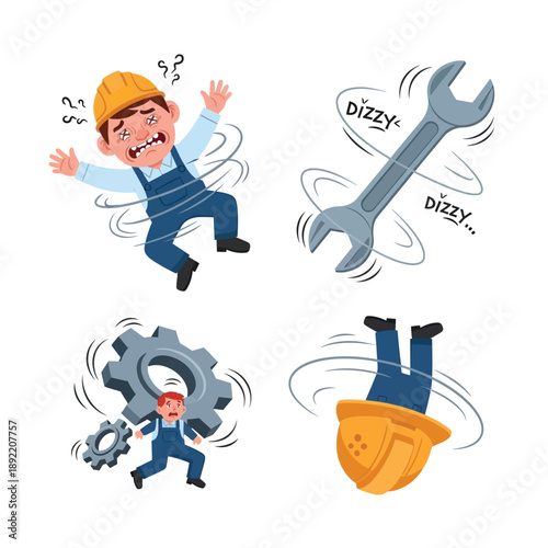 Cartoon illustration of a construction worker experiencing dizziness and disorientation with spinning tools and gears, depicting occupational hazards.